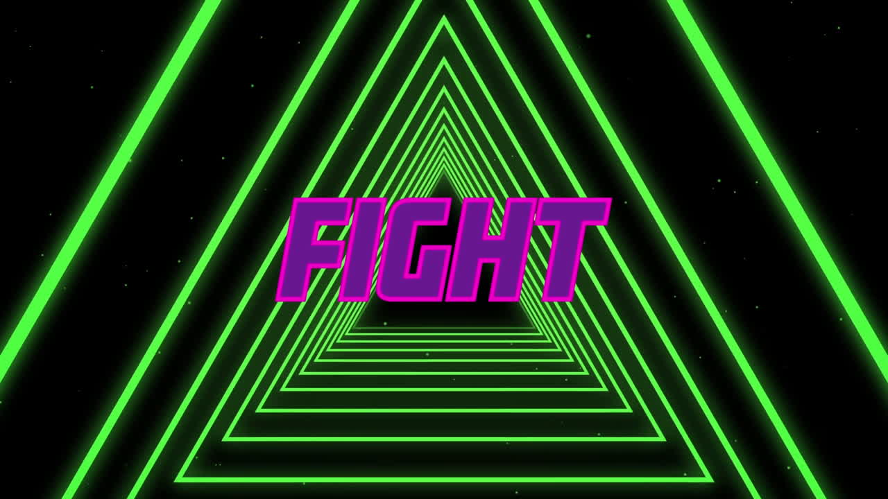 анимация борьбы розового текста над туннелем зеленых светящихся треугольников