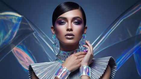 radiant elegance: a stunning portrait of a fashion model adorned in metallic accents that capture the light and showcase futuristic style