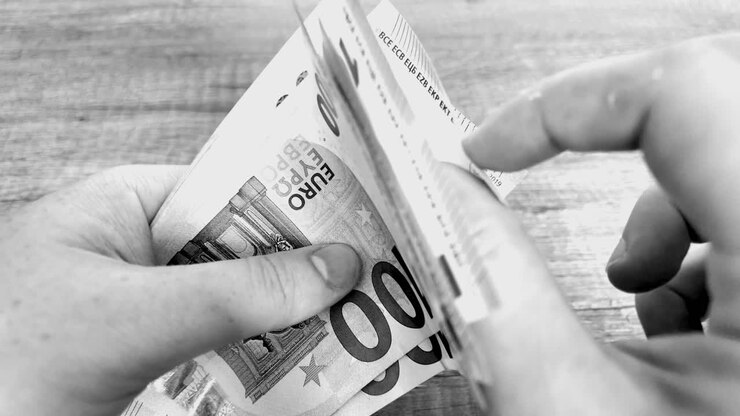 een man houdt eurobankbiljetten vast, zwart-wit video