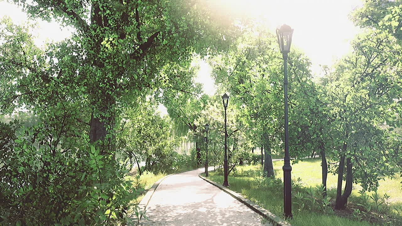 Pathway through a sunny park surrounded by lush greenery and light