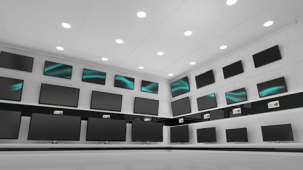 상점 디스플레이에 있는 여러 플래트 스크린 tv를 가로질러 파란색 전기 전류의 애니메이션