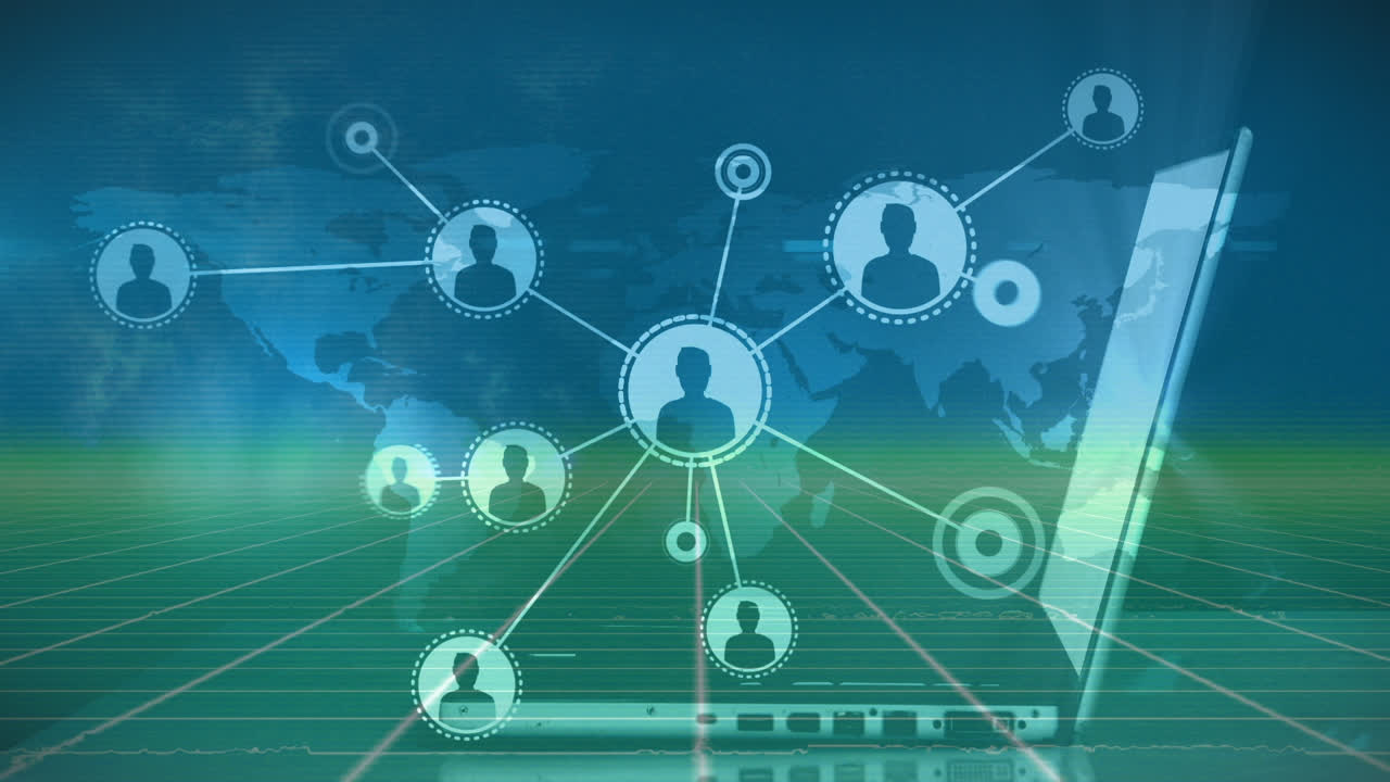 Animation of profile icon connecting dots, caucasian businesswoman working on laptop over field