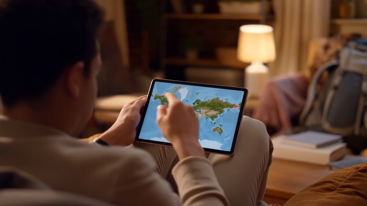 Man planning travel using a world map on a tablet
