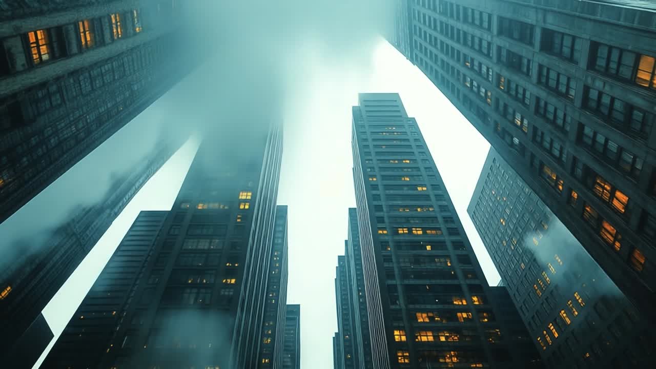 Skyscrapers rise over a foggy cityscape. Fog envelops tall buildings in a bustling city, creating a mysterious atmosphere as lights flicker in windows.