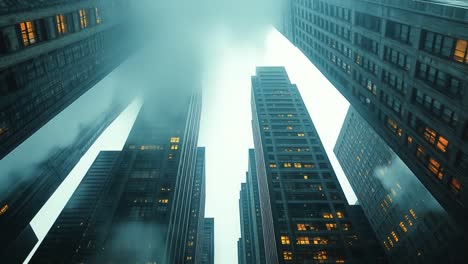 skyscrapers rise over a foggy cityscape. fog envelops tall buildings in a bustling city, creating a mysterious atmosphere as lights flicker in windows.