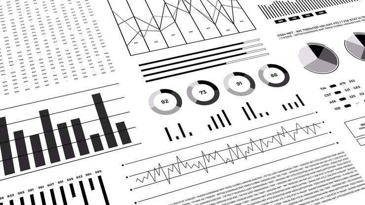 Statistics, financial market data, analysis and reports, numbers and graphs. Loopable animated opening video.