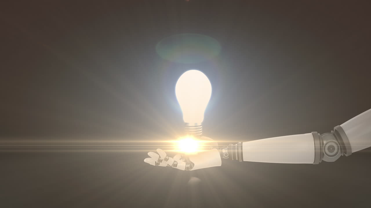 어두운 배경에  ⁇ 은 로 ⁇  팔의 손 위에 조명된 전구의 애니메이션