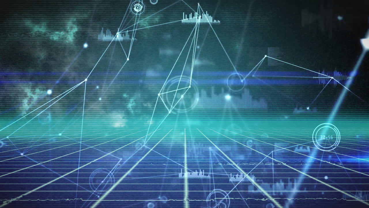 Grid floor extending toward horizon, connecting nodes and showing circular HUD rings in teal