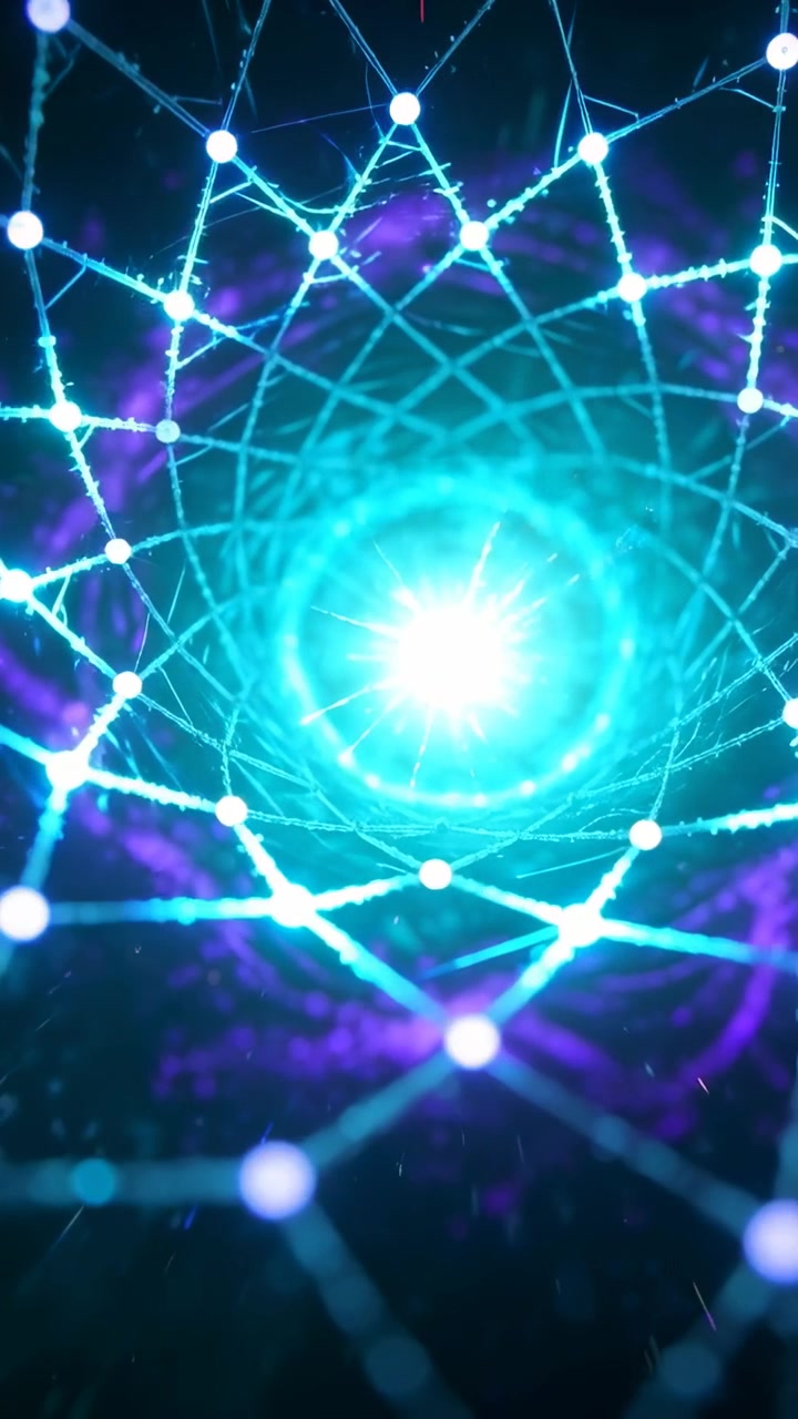 Video verticale: La telecamera si muove attraverso una rete di nodi nello spazio verso un nucleo ciano per raggiungere il centro.