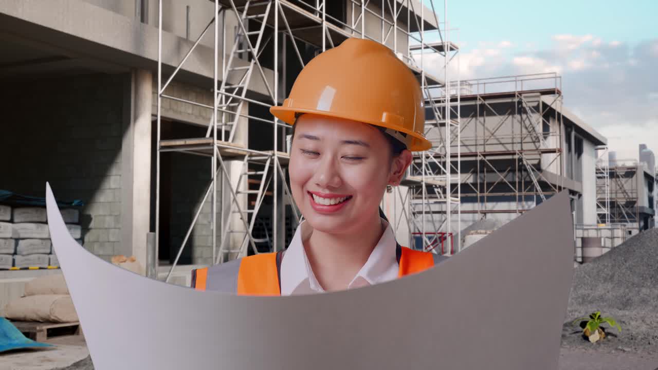 Close Up Of Asian Female Engineer With Safety Helmet Looking At Blueprint In Her Hands While Standing At Construction Site in Progress to New House