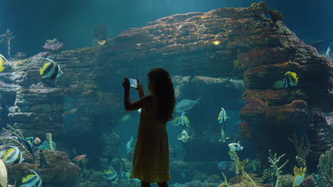 girl using smartphone in aquarium taking photo of colorful fish swimming with marine animals in tank curious child having fun watching sea life in oceanarium reef habitat