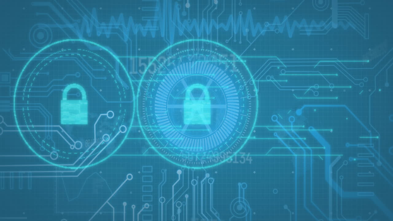 Animation of padlock icons and data processing computer circuit board