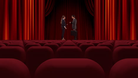 animation of red curtain opening in theater and caucasian female and male actors