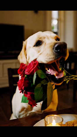 dog with roses at dinner