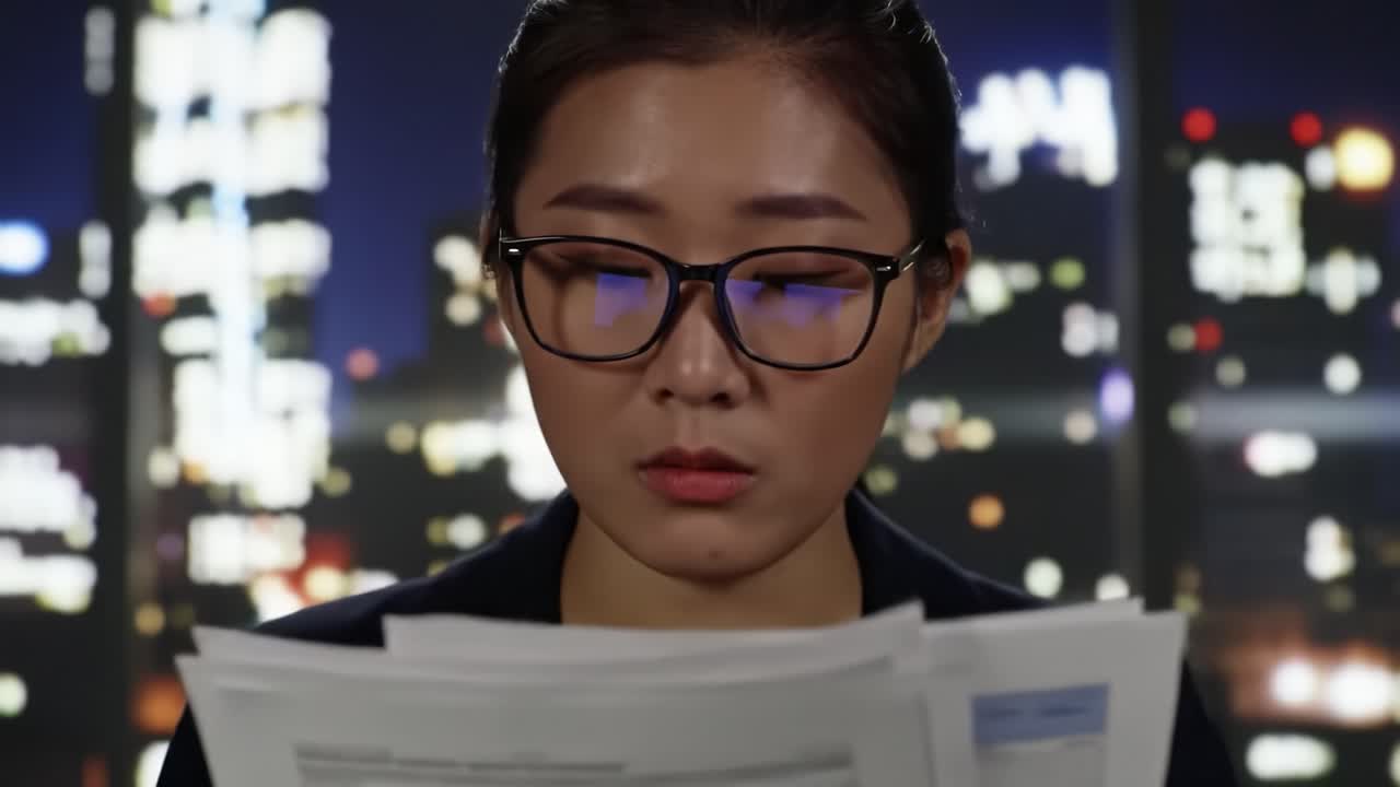 A focused individual is studying printed reports in a well-lit office. The backdrop features a vibrant city skyline, illuminated at night, creating a dynamic work atmosphere.