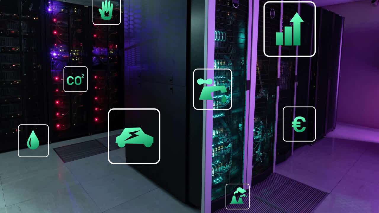 animación de iconos ecológicos y procesamiento de datos a través de servidores informáticos.