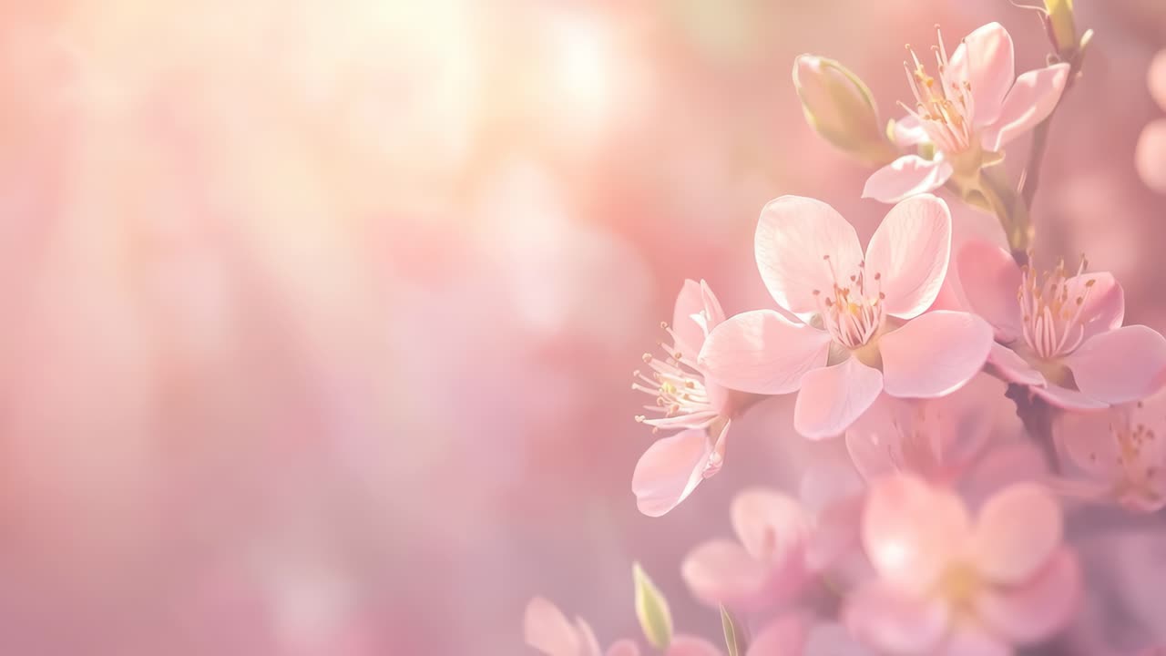 Soft-focus close-up of cherry blossoms in pastel hues, creating a dreamy atmosphere