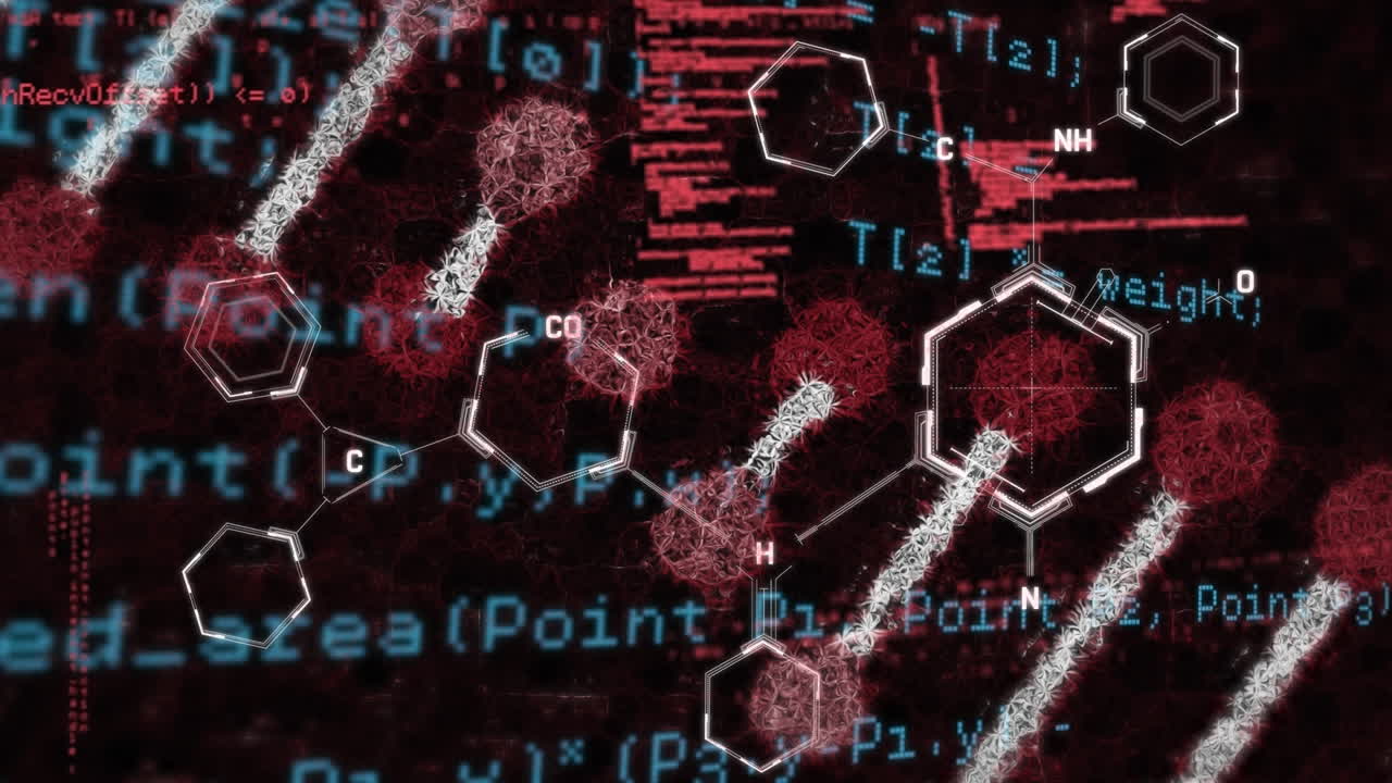 Animation of computer language over molecule structures and dna helix against black background