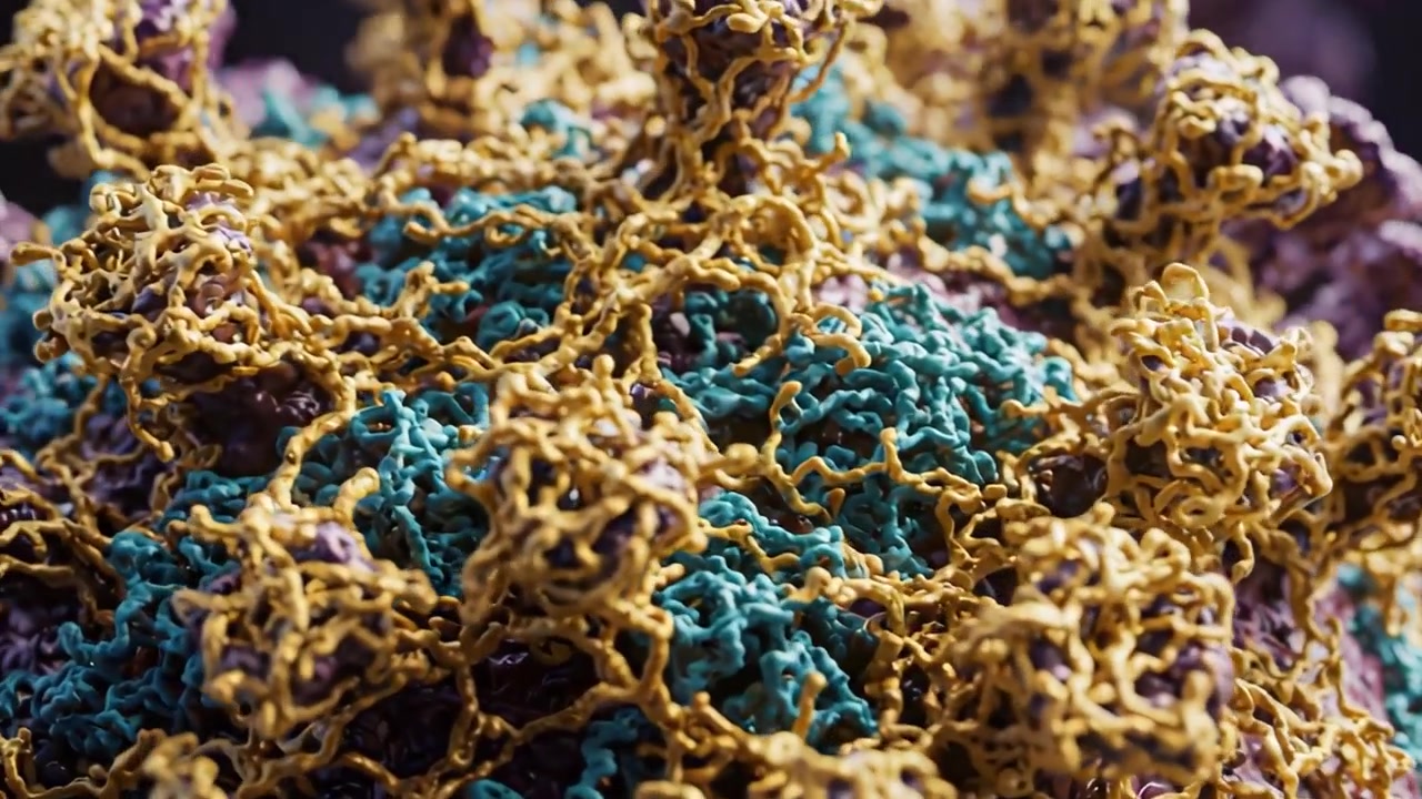 Primo piano dettagliato di una struttura virale, che mostra intricate caratteristiche superficiali e interazioni proteiche colorate che rappresentano la sua complessa biologia.