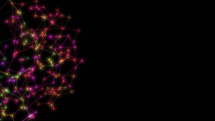 Abstract colorful plexus network with glowing interconnected nodes and lines shifting colors on black background.