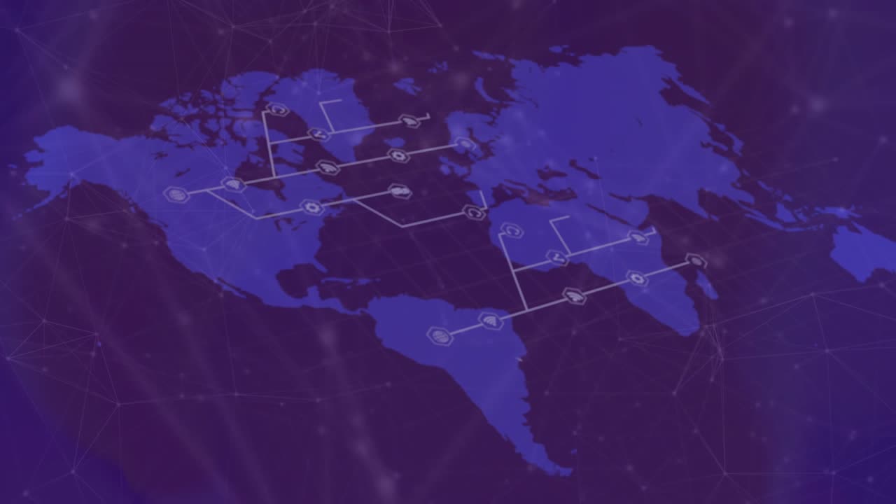 Upon world map loading, node markers lighting up and lines extending to visualize data network