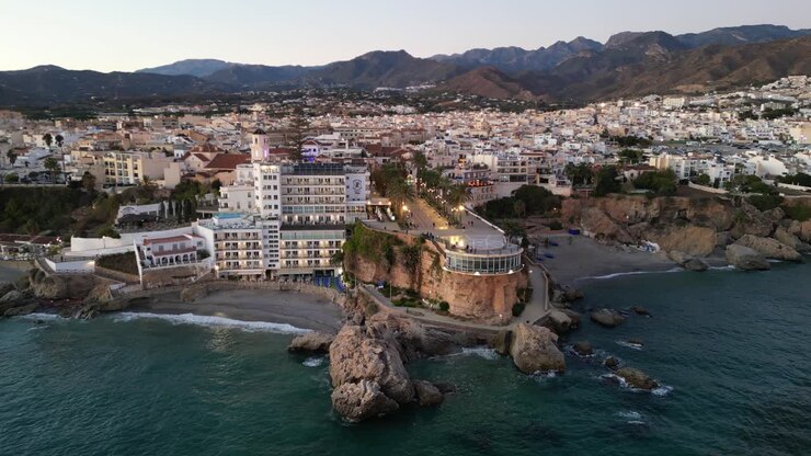 Nerja Balcon de Europa in Malaga, Costa del Sol, Andalusia, Spain - Aerial 4k Circling