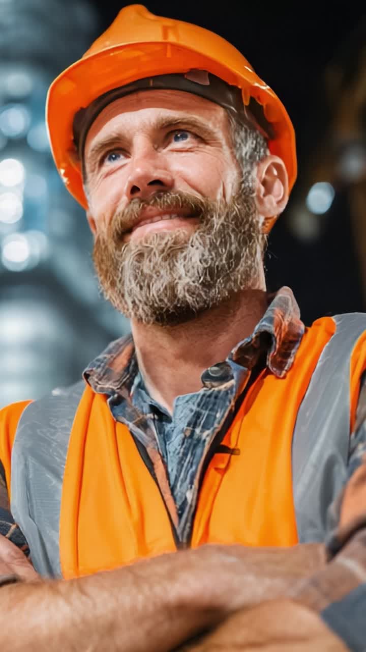 A confident construction worker in an orange safety vest and hard hat stands proudly at a construction site, showcasing resilience and dedication in his role amidst urban development