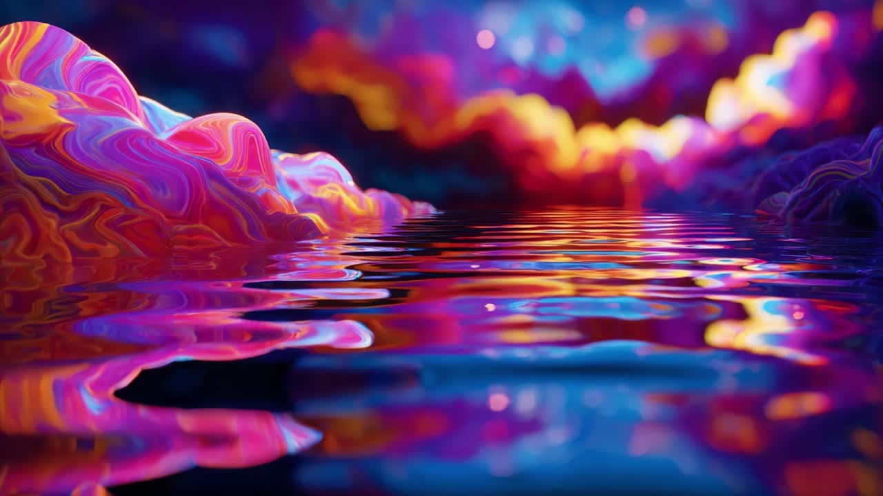 A Stunning Visual Symphony of Color and Light: Vivid Reflective Waters and Mesmerizing Cloud-Like Shapes Create an Enchanting Abstract Landscape, Captivating the Imagination in a Dreamy Environment