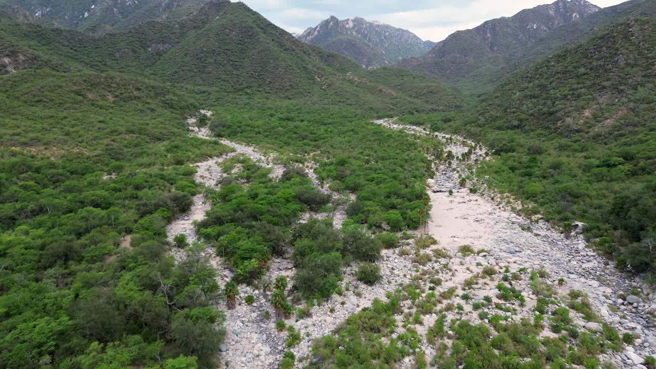 Bird's-eye view of a stream in the middle of the desert.
