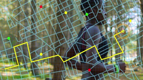 esquema de línea de navegación del mapa sobre mujer afroamericana en forma corriendo en el parque