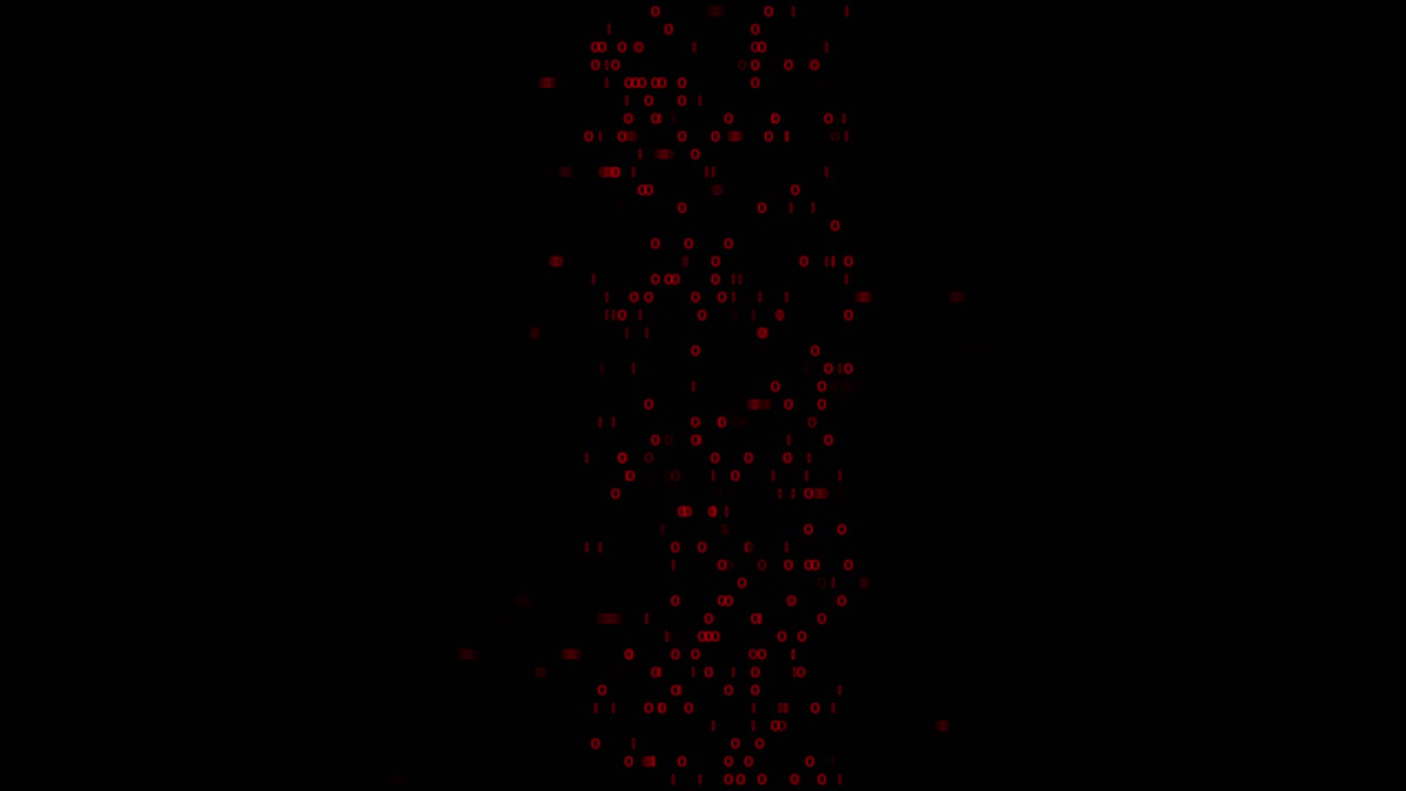 Streams of red binary numbers and circles fall down screen in seamless loop. Abstract concept for data, coding, hacking, or technology background. Matrix-style digital rain effect