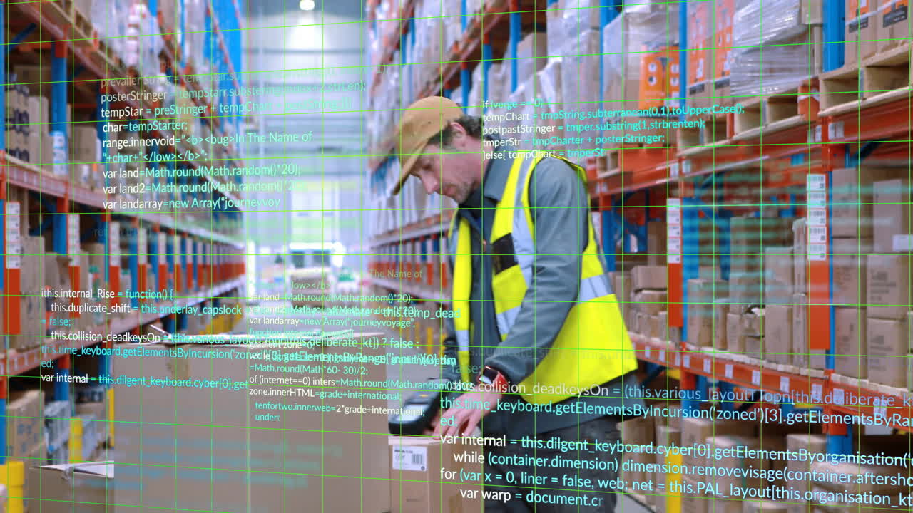 Handling packages, warehouse worker focusing on digital code overlay animation