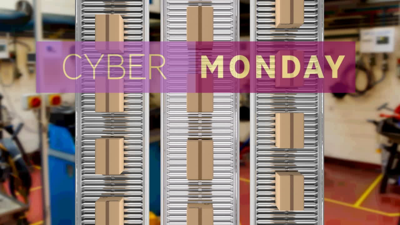 Cyber monday text banner over multiple delivery boxes on conveyer belt against factory