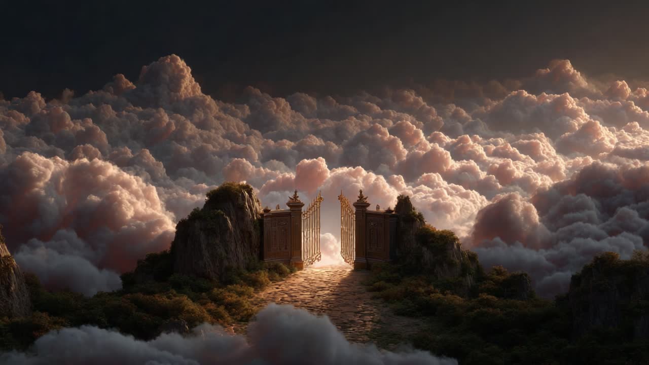 A Majestic Gateway Surrounded by Ethereal Clouds: An Enchanting Journey Awaits Beyond the Ornate Entrance to a Dreamlike Realm of Serenity and Wonder