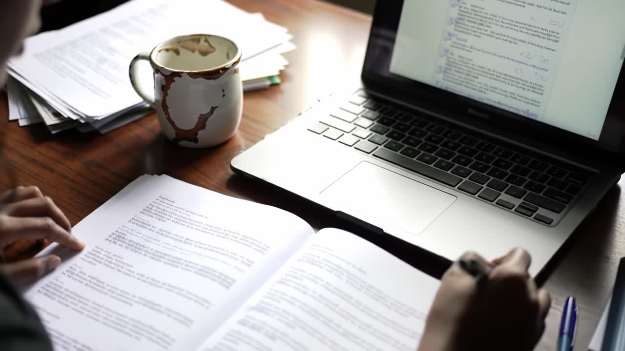 Focused Study Session Featuring Open Laptop, Coffee Cup, and Study Materials on a Wooden Table, Highlighting the Importance of Concentration and Learning