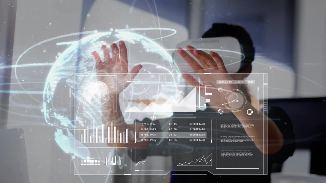 지구상의 애니메이션, 카우카시안 사업가 여성이 vr 헤드을 사용하는 데이터 처리