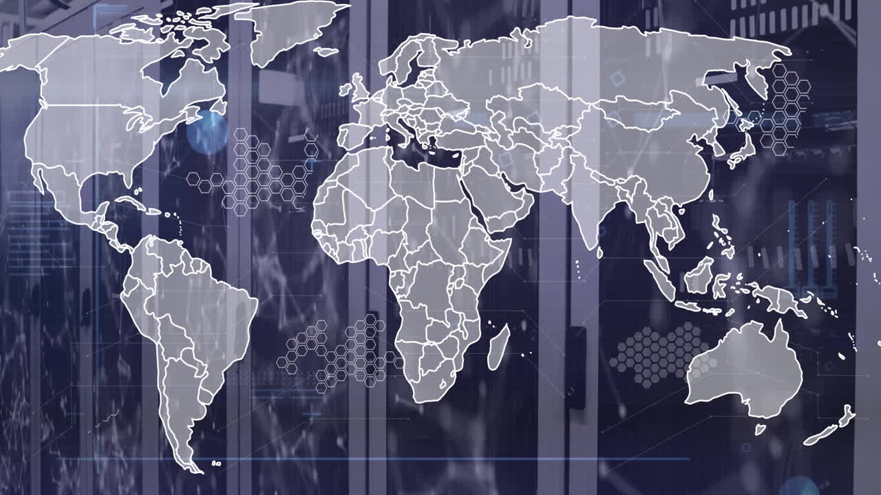 Animation of digital data processing and world map over computer servers