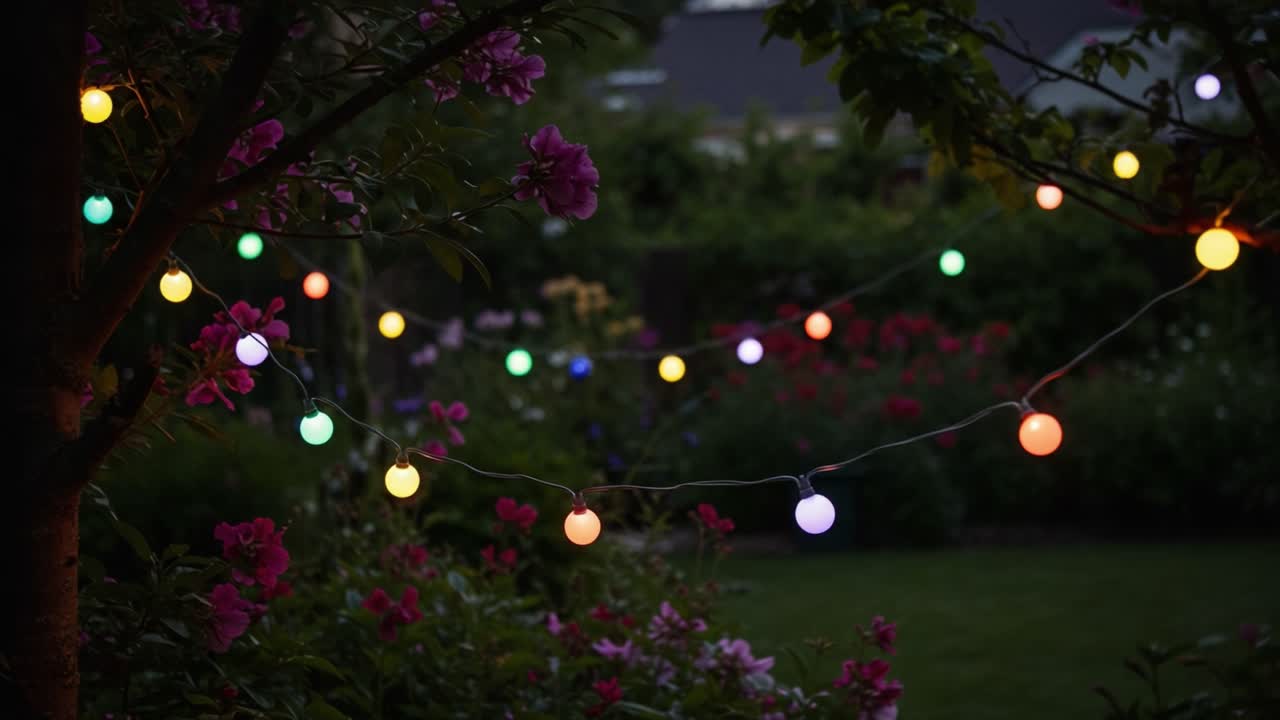 A Serene Garden Evening Illuminated by Colorful String Lights Amidst Vibrant Flowers, Creating a Dreamy Atmosphere for Relaxation and Enjoyment