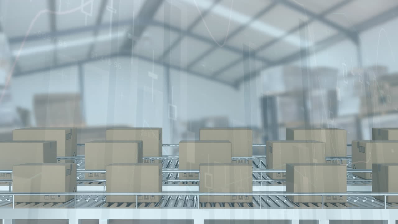 컨베이어 벨트에 있는 카드보드 상자 위에서 통계 처리의 애니메이션