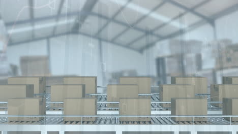 animación del procesamiento de estadísticas sobre cajas de cartón en cintas transportadoras