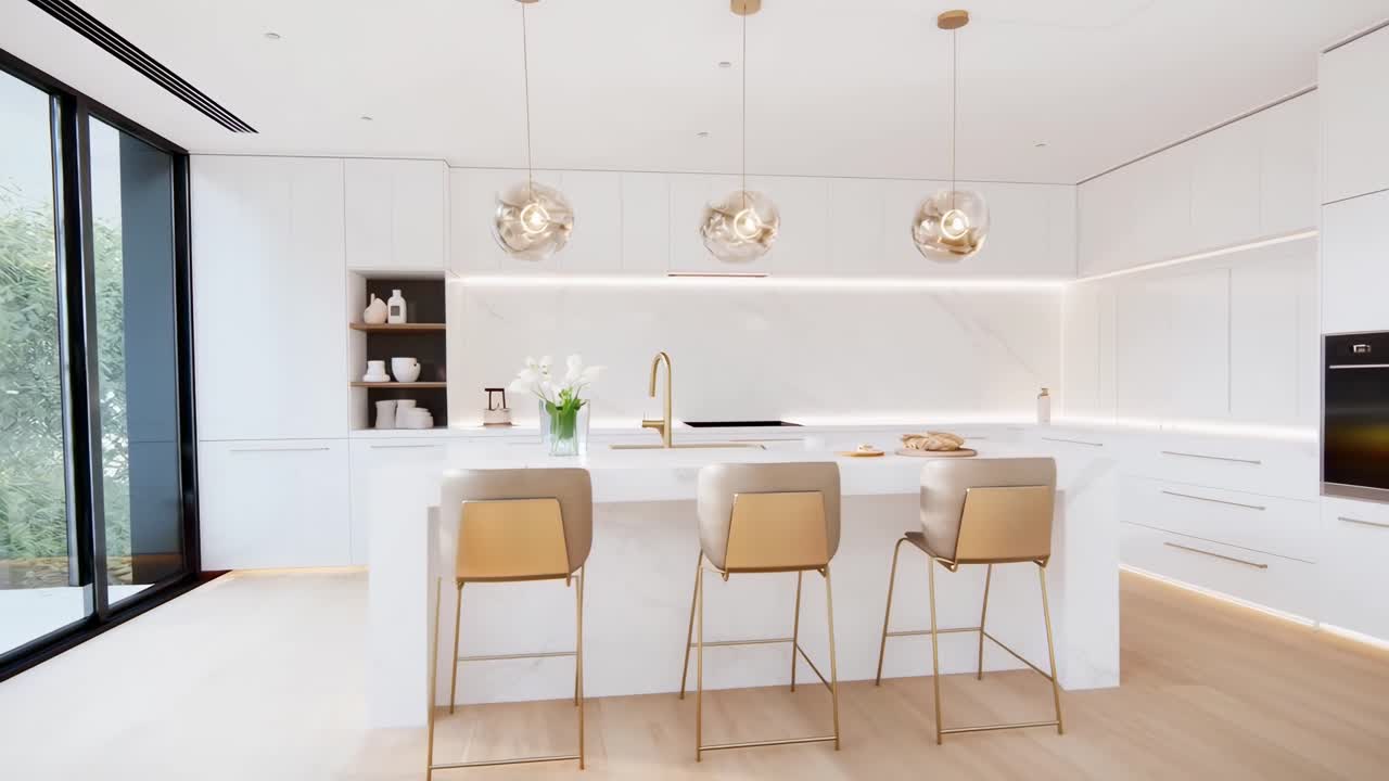 Modern kitchen with marble island, wide-angle view. Bright, airy style, perfect for video tours