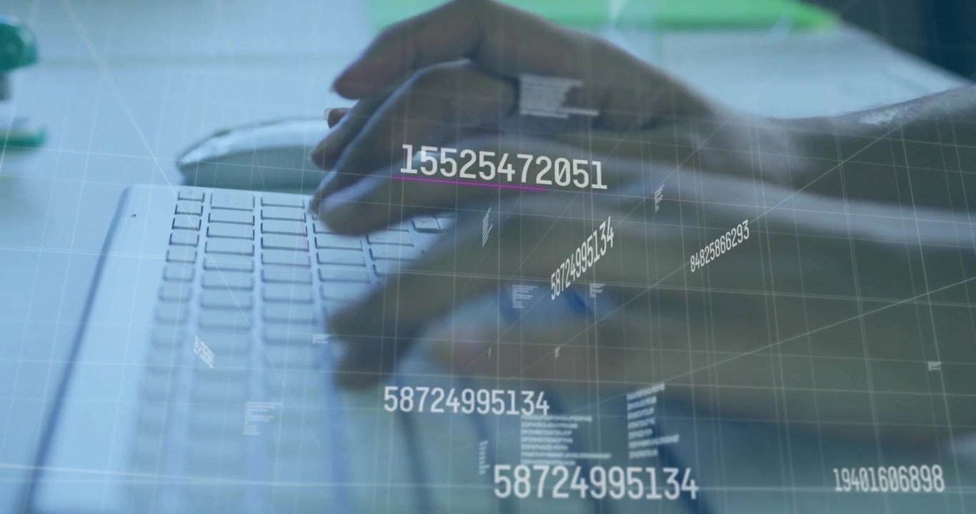 Fingers hovering pressing keys hands typing on keyboard generating tech grid with floating numbers