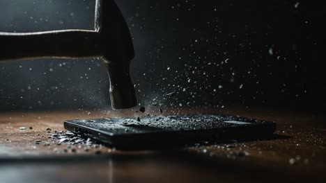 the destructive power of impact: a hammer shatters a mobile device into fragments amidst a cloud of dust and debris