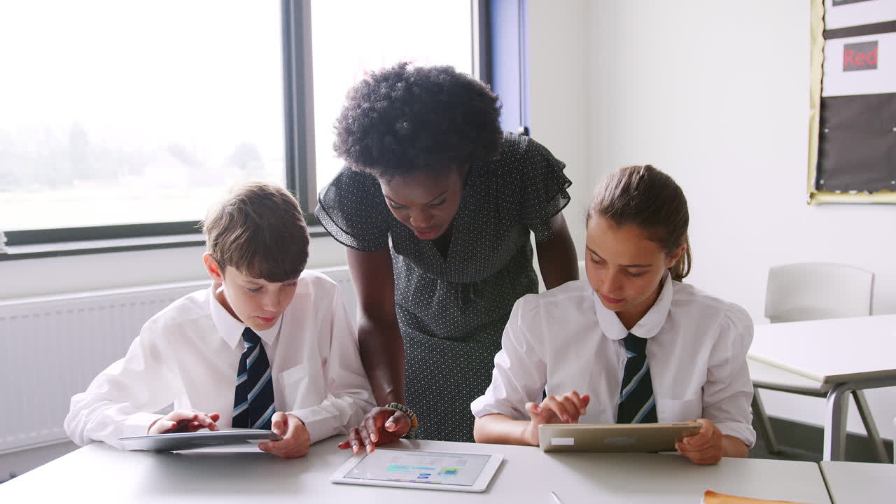 Female High School Teacher At Table With Students Wearing Uniform Using Digital Tablets In Lesson