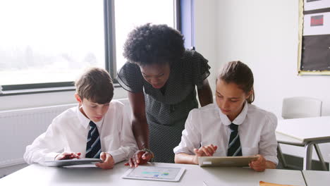 female high school teacher at table with students wearing uniform using digital tablets in lesson