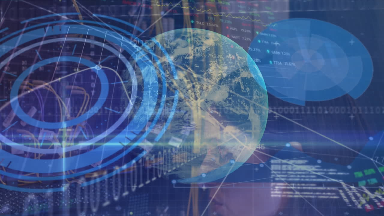animación de círculos de carga, tablero de negociación, códigos binarios, lenguaje informático en todo el mundo