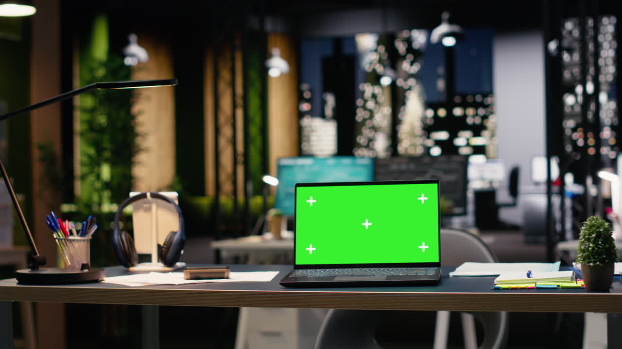 Schermo verde in un ufficio direzionale vuoto dal design contemporaneo
