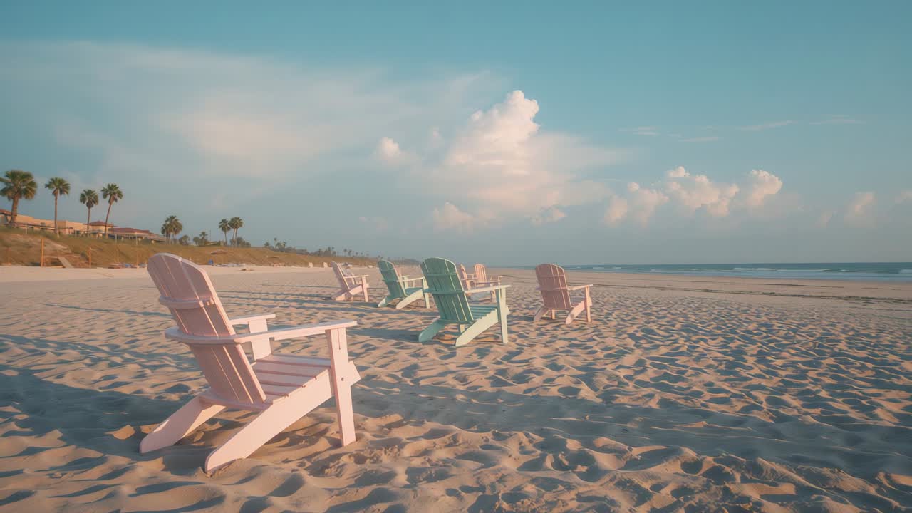 Sunlight bathing six Adirondack chairs in sandy beach amid palm trees, evoking calm seaside mood