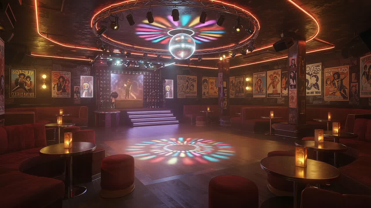 Vibrant Nightclub Interior with Colorful Light Patterns and Cozy Seating, Featuring a Glittering Disco Ball and Theatrical Stage Backdrop in an Inviting Atmosphere