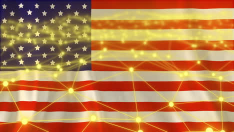 network of connections and data processing animation over american flag
